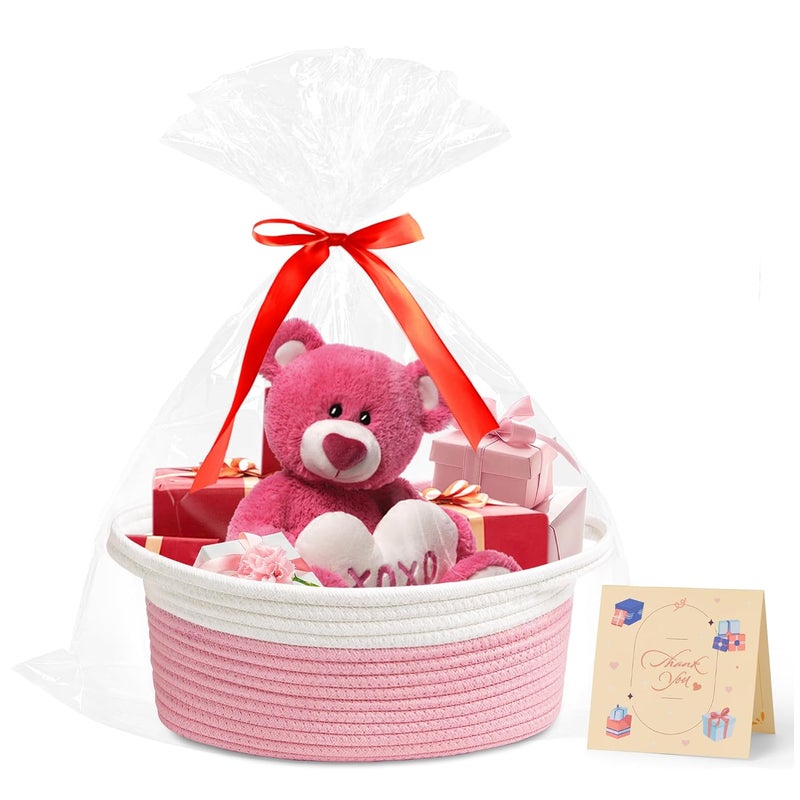 Yeeeasy Small Woven Basket with Gift Bags and Ribbons Cute Baskets for Gifts Empty 12"x8"x5" Small Rope Toy Basket for Babies Baskets for Storage, White & Pink - Image 1